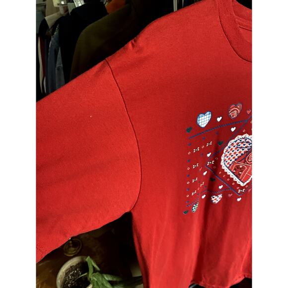 Vintage 1970's Patchwork Quilt Red Tee Shirt Large Gingham Grandma Lace Dainty - Picture 4 of 5